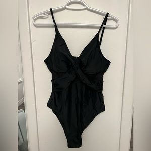 Cupshe Forest Adventure Solid Mesh Wrap Front Cutout Black One Piece Swimsuit